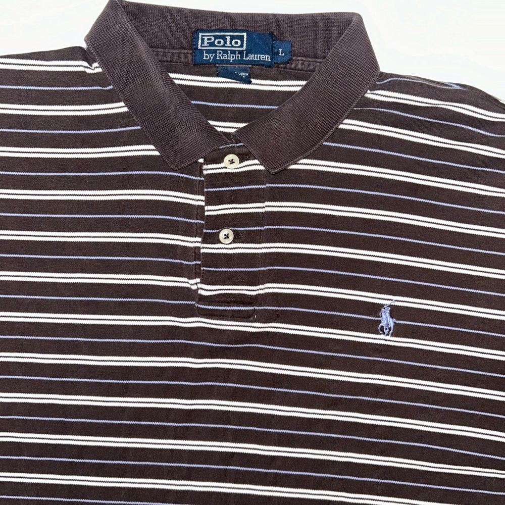 Polo Ralph Lauren‎ VINTAGE brown white blue stripe short sleeve polo size Large - Picture 3 of 11